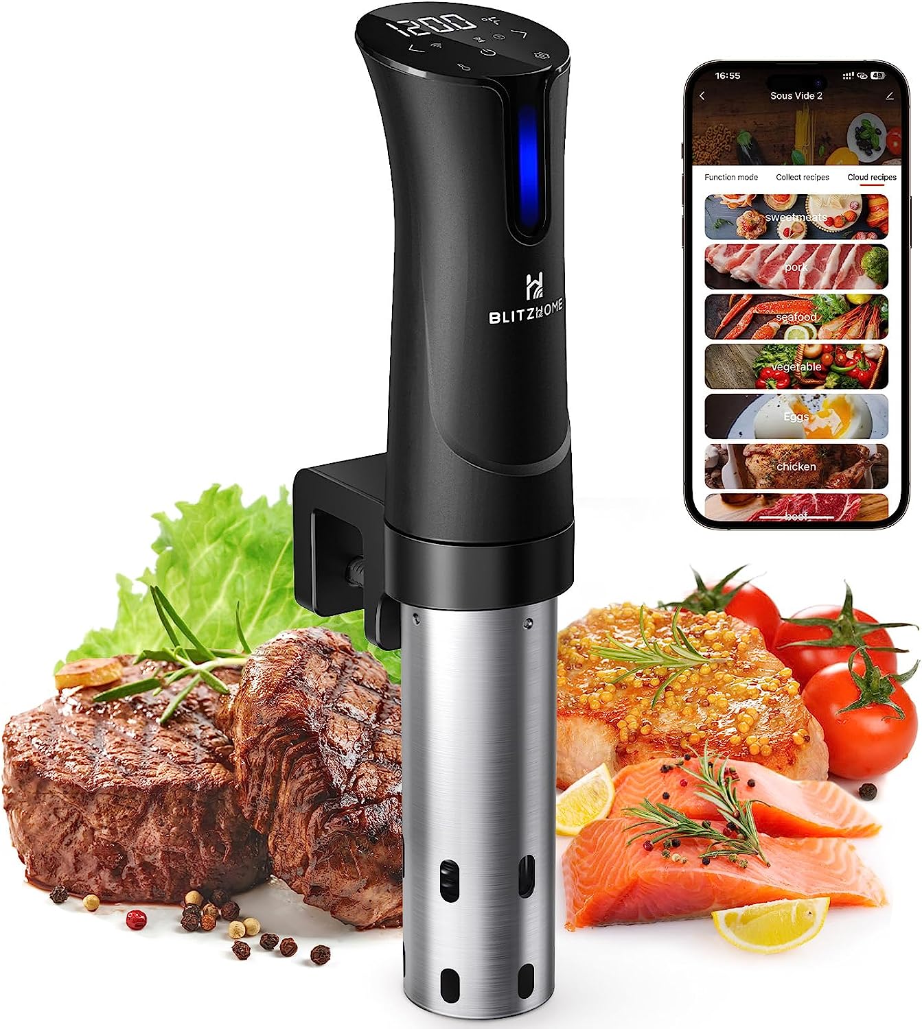 BLITZHOME Sous Vide Machine | WiFi APP Included | 1100W Sous Vide Cooker with Accurate Temperature & Timer | Ultra Quiet Stainless Precision Immersion Circulator Device