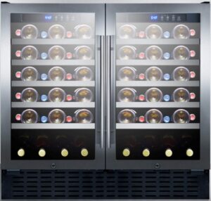 Summit SWC3668 36" Undercounter Dual Zone Wine Cooler with 68 Bottle Capacity LED Lighting Digital Thermostat Factory Installed Locks in Stainless