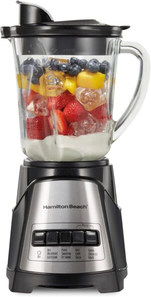 Hamilton Beach Power Elite Wave Action Blender-for Shakes and Smoothies, Puree | Crush Ice, 40 Oz Glass Jar, 12 Functions | Stainless Steel Ice Sabre-Blades, Black (58148A)
