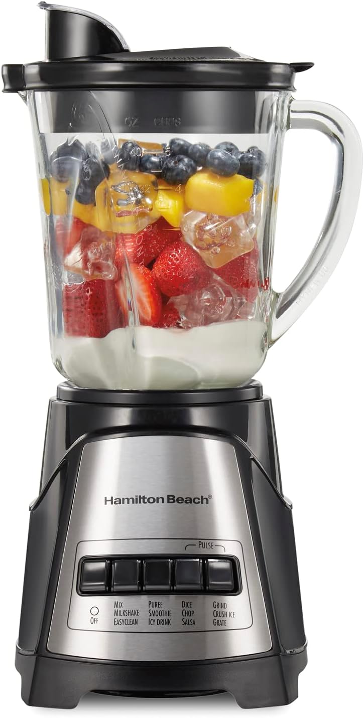 Hamilton Beach Power Elite Wave Action Blender-for Shakes and Smoothies, Puree | Crush Ice, 40 Oz Glass Jar, 12 Functions | Stainless Steel Ice Sabre-Blades, Black (58148A)
