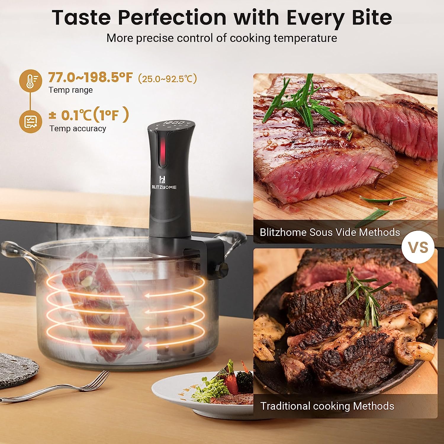 BLITZHOME Sous Vide Machine | WiFi APP Included | 1100W Sous Vide Cooker with Accurate Temperature & Timer | Ultra Quiet Stainless Precision Immersion Circulator Device - Image 2