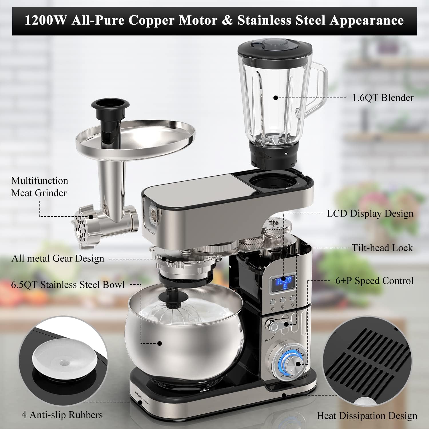 6-IN-1 Stand Mixer, 1200W LCD Display Kitchen Electric Mixer | 6.5QT Stainless Steel Bowl Mixer | Multi-Function Kitchen Mixer With Dough Hook, Whisk, Beater, Meat Grinder, Blender, Splash Guard - Image 5