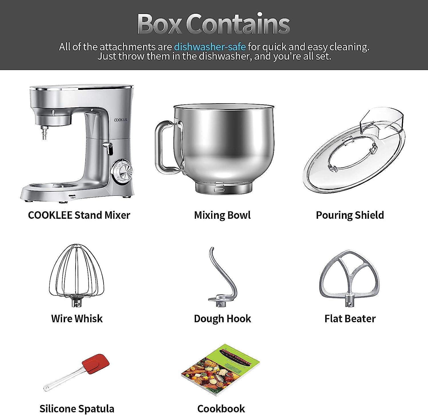 COOKLEE Stand Mixer | 9.5 Qt. 660W 10-Speed Electric Kitchen Mixer with Dishwasher-Safe Dough Hooks | Flat Beaters, Wire Whip & Pouring Shield Attachments for Most Home Cooks, SM-1551 - Image 5