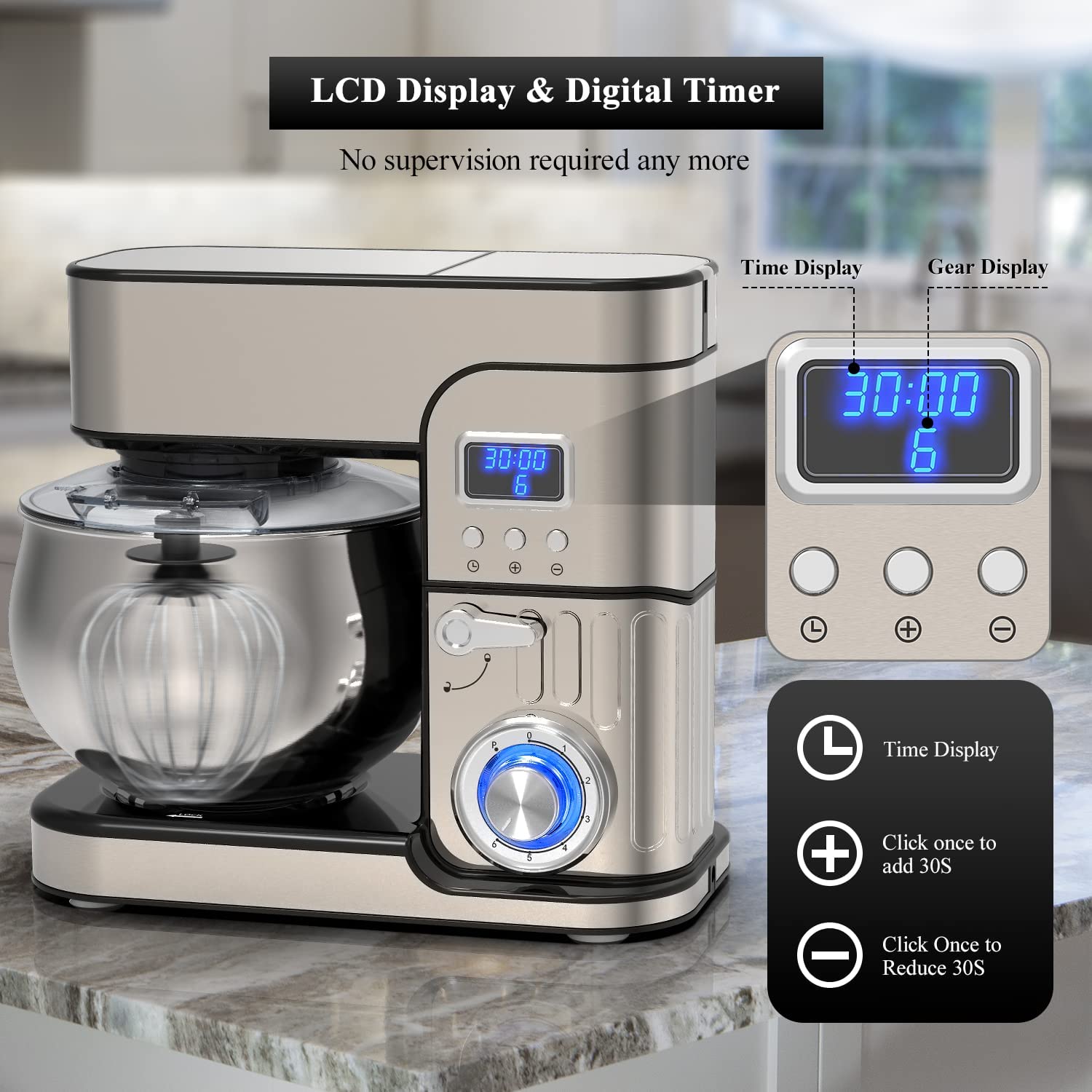 6-IN-1 Stand Mixer, 1200W LCD Display Kitchen Electric Mixer | 6.5QT Stainless Steel Bowl Mixer | Multi-Function Kitchen Mixer With Dough Hook, Whisk, Beater, Meat Grinder, Blender, Splash Guard - Image 7